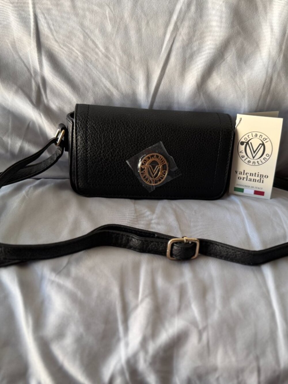 Valentino Orlandi Black Textured Flap Crossbody Bag Gold Logo NWT